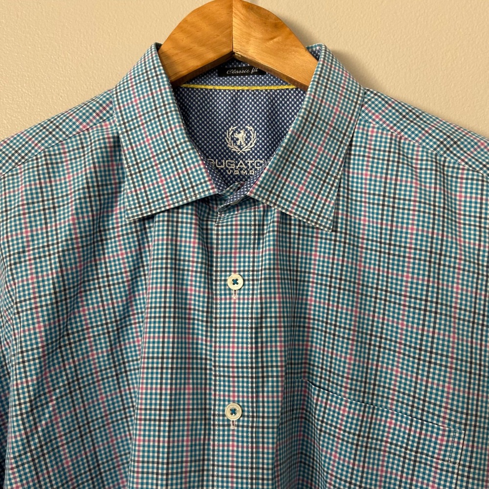 Bugatchi Dress Shirt Mens XL Blue Pink Gingham Plaid Classic Fit Long Sleeve
